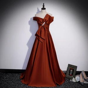 Élégant Café Satin Robe De Bal 2022 Princesse De L Épaule Noeud Manches Courtes Dos Nu Longue Robe De Ceremonie