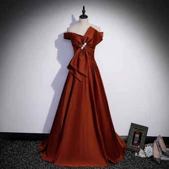 Elegant Coffee Satin Prom Dresses 2022 A Line Princess Off The Shoulder Bow Short Sleeve Backless Floor Length Long Formal Dresses