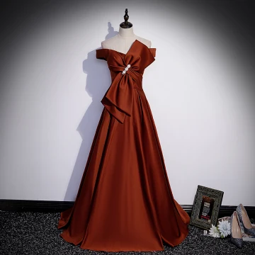 Élégant Café Satin Robe De Bal 2022 Princesse De L Épaule Noeud Manches Courtes Dos Nu Longue Robe De Ceremonie