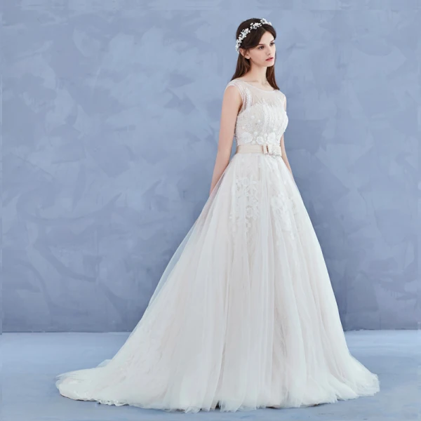 Elegant Handmade Champagne Wedding Dresses 2017 A-Line / Princess Scoop Neck Sleeveless Appliques Flower Lace Backless Beading Rhinestone Court Train