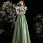 Elegant Sage Green Solid Color Satin Prom Dresses 2022 A-Line / Princess Square Neckline Puffy Short Sleeve Backless Floor-Length / Long Formal Dresses