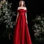 Elegant Burgundy Satin Prom Dresses 2022 A-Line / Princess Scoop Neck Short Sleeve Backless Floor-Length / Long Formal Dresses