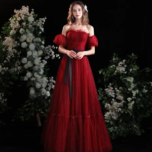 Chic Belle Bordeaux Robe De Bal 2022 Princesse De L Épaule Ceinture Noeud Manches Courtes Dos Nu Longue Robe De Ceremonie