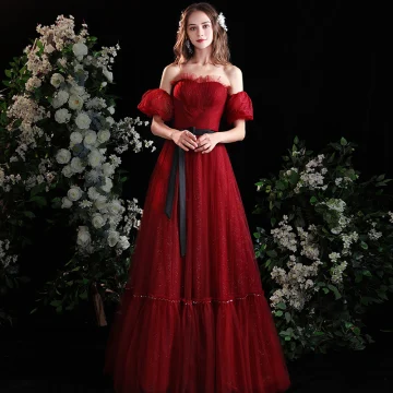 Chic Belle Bordeaux Robe De Bal 2022 Princesse De L Épaule Ceinture Noeud Manches Courtes Dos Nu Longue Robe De Ceremonie