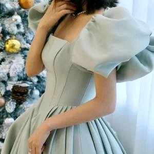 Chic Belle Vert Citron Robe De Bal 2022 Princesse Encolure Carrée Gonflée Manches Courtes Dos Nu Longue Robe De Ceremonie