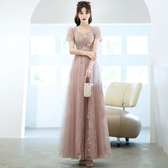 Chic Belle Rougissant Rose Robe De Bal 2022 Princesse V Cou Perle Perlage En Dentelle Fleur Manches Courtes Dos Nu Longue Robe De Ceremonie