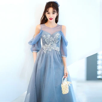 Charmant Bleu Ciel Perlage Glitter Paillettes Robe De Bal 2022 Princesse Encolure Dégagée Manches Courtes Dos Nu Longue Robe De Ceremonie