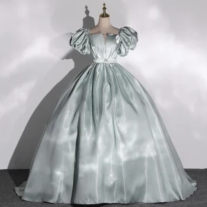 Classy Sage Green Satin Prom Dresses 2022 Ball Gown Square Neckline Puffy Short Sleeve Backless Bow Floor Length Long Formal Dresses