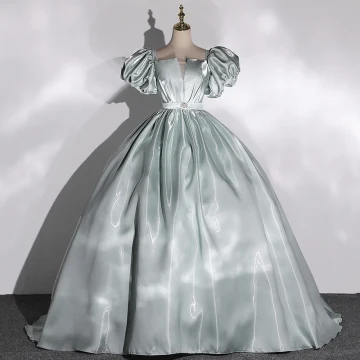 Chic Vert Cendré Satin Robe De Bal 2022 Robe Boule Encolure Carrée Gonflée Manches Courtes Dos Nu Noeud Longue Robe De Ceremonie