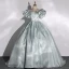 Classy Sage Green Satin Prom Dresses 2022 Ball Gown Square Neckline Puffy Short Sleeve Backless Bow Floor-Length / Long Formal Dresses