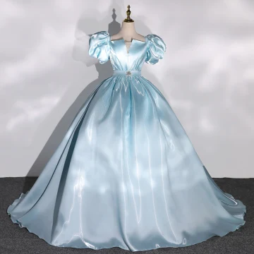 Elegante Hemelsblauw Satijn Galajurken 2022 Baljurk Gezwollen Vierkante Halslijn Rhinestone Gordel Korte Mouwen Ruglooze Lange Gelegenheid Jurken