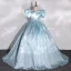 Élégant Bleu Ciel Satin Robe De Bal 2022 Robe Boule Gonflée Encolure Carrée Faux Diamant Ceinture Manches Courtes Dos Nu Longue Robe De Ceremonie