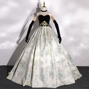Elegant Black Satin Printing Prom Dresses 2022 Ball Gown Scoop Neck Gold Sash Sleeveless Backless Floor Length Long Formal Dresses