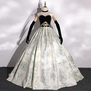 Elegant Black Satin Printing Prom Dresses 2022 Ball Gown Scoop Neck Gold Sash Sleeveless Backless Floor Length Long Formal Dresses