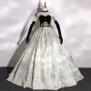 Elegant Black Satin Printing Prom Dresses 2022 Ball Gown Scoop Neck Gold Sash Sleeveless Backless Floor-Length / Long Formal Dresses