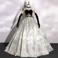 Elegantes Negro Satén Impresión Vestidos de gala 2022 Ball Gown Scoop Escote Oro Cinturón Sin Mangas Sin Espalda Largos Vestidos Formales