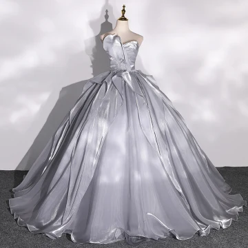 Fashion Silver Grey Cascading Ruffles Prom Dresses 2022 Ball Gown Strapless Sleeveless Backless Floor Length Long Formal Dresses