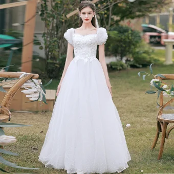 Chic Belle Blanche En Dentelle Fleur Robe De Mariée 2022 Princesse Encolure Carrée Manches Courtes Dos Nu Longue Mariage