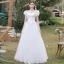 Chic / Beautiful White Lace Flower Wedding Dresses 2022 A-Line / Princess Square Neckline Short Sleeve Backless Floor-Length / Long Wedding