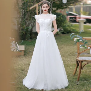 Chic Belle Blanche En Dentelle Fleur Robe De Mariée 2022 Princesse Encolure Dégagée Sans Manches Longue Mariage