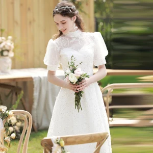 Elegant White Sequins Lace Flower Beach Wedding Dresses 2022 A Line Princess High Neck Short Sleeve Backless Floor Length Long Wedding