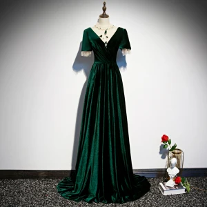 Elegant Velour Dark Green Prom Dresses 2022 A Line Princess Scoop Neck Short Sleeve Backless Sweep Train Formal Dresses