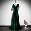 Elegant Velour Dark Green Prom Dresses 2022 A-Line / Princess Scoop Neck Short Sleeve Backless Sweep Train Formal Dresses