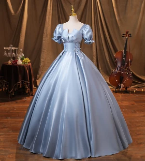 Vintage Himmelblau Satin Ballkleider 2022 Ballkleid Eckiger Ausschnitt Geschwollenes Kurze Ärmel Rückenfreies Lange Festliche Kleider