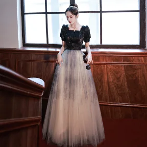 Elegant Black Sequins Rhinestone Prom Dresses 2022 A Line Princess Square Neckline Short Sleeve Backless Floor Length Long Formal Dresses