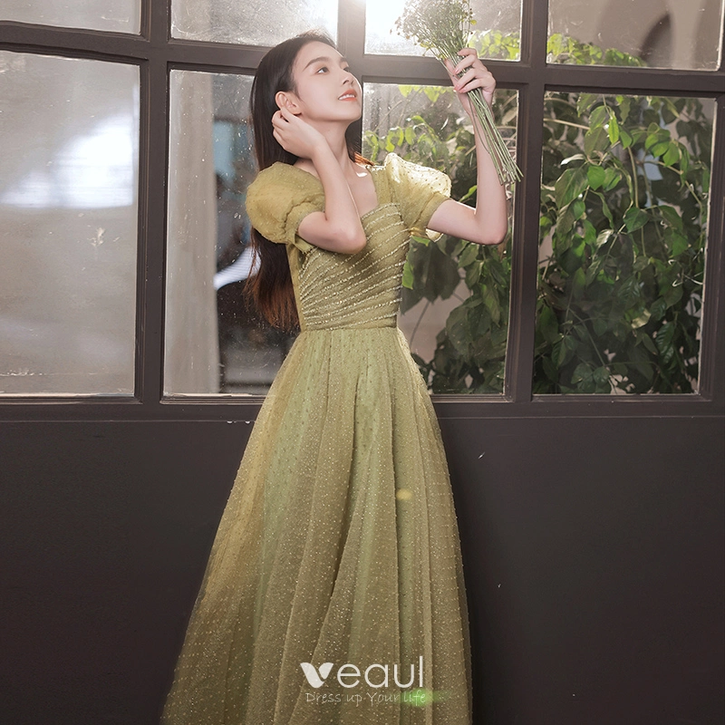 Chic Beautiful Clover Green Prom Dresses 2022 A Line Princess Square Neckline Beading Sequins Short Sleeve Backless Floor Length Long Formal Dresses