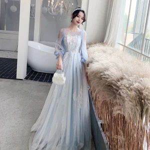 Sjarmerende Blomsterfe Himmelen Blå Blonder Blomst Ballkjoler 2022 Prinsesse Scoop Halsen Beading Perle Rhinestone 3 4 Ermer Lange Formelle Kjoler