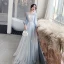 Charming Flower Fairy Sky Blue Lace Flower Prom Dresses 2022 A-Line / Princess Scoop Neck Beading Pearl Rhinestone 3/4 Sleeve Floor-Length / Long Formal Dresses