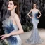 Scintillantes Sexy Bleu Ciel Paillettes Robe De Soirée 2022 Trompette / Sirène Bustier Perlage Faux Diamant Sans Manches Dos Nu Train De Balayage Robe De Ceremonie
