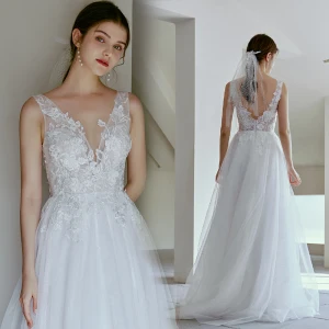 Légère Blanche Perlage En Dentelle Fleur Plage Robe De Mariée 2022 Princesse V Cou Sans Manches Dos Nu Longue Mariage