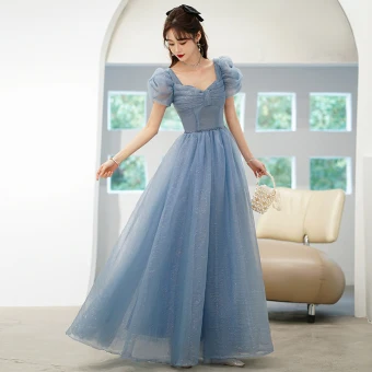 Chic Belle Bleu Ciel Glitter Paillettes Robe De Bal 2022 Princesse Encolure Carrée Faux Diamant Gonflée Manches Courtes Dos Nu Longue Robe De Ceremonie