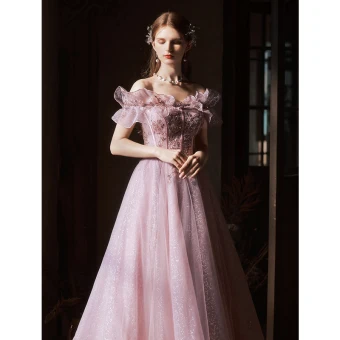 Charmant Rougissant Rose Robe De Bal 2022 Princesse De L Épaule Manches Courtes Dos Nu Perlage Faux Diamant Paillettes Longue Robe De Ceremonie