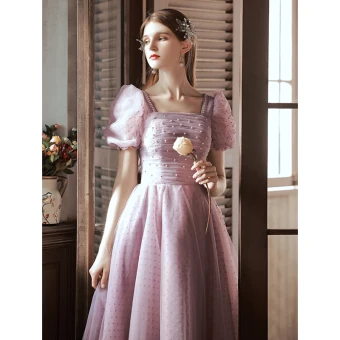 Chic Belle Rougissant Rose Perle Robe De Bal 2022 Princesse Encolure Carrée Manches Courtes Dos Nu Longue Robe De Ceremonie