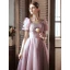 Chic / Beautiful Blushing Pink Pearl Prom Dresses 2022 A-Line / Princess Square Neckline Short Sleeve Backless Floor-Length / Long Formal Dresses