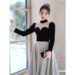 Élégant Noire Robe De Bal 2022 Princesse Col Haut Manches Longues Dos Nu Longue Robe De Ceremonie