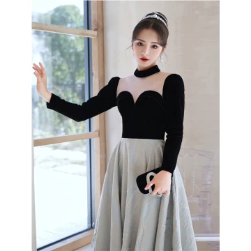 Élégant Noire Robe De Bal 2022 Princesse Col Haut Manches Longues Dos Nu Longue Robe De Ceremonie