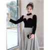 Elegant Black Prom Dresses 2022 A-Line / Princess High Neck Long Sleeve Backless Floor-Length / Long Formal Dresses