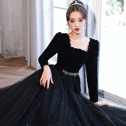 Moda Czarne Rhinestone Sukienki Na Bal 2022 Princessa Kwadratowy Dekolt Długie Rękawy Bez Pleców Długie Sukienki Wizytowe