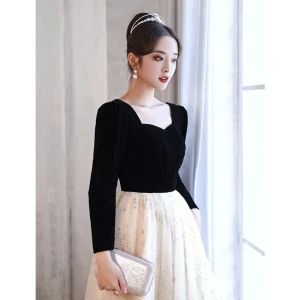 Mode Noire Robe De Bal 2022 Princesse Encolure Carrée Étoile Paillettes 3 4 Manches Dos Nu Longue Robe De Ceremonie