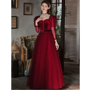 Élégant Bordeaux Robe De Bal 2022 Princesse Perle Encolure Carrée Manches Longues Dos Nu Noeud Longue Robe De Ceremonie