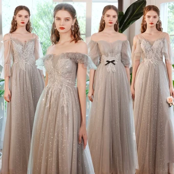 Chic Beautiful Grey Beading Lace Flower Bridesmaid Dresses 2022 A Line Princess Rhinestone Sequins Short Sleeve Backless Floor Length Long Wedding Bridesmaid Dresses
