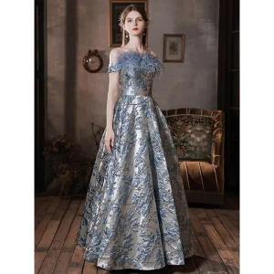 Charmant Bleu Ciel Glitter Robe De Bal 2022 Princesse Gland De L Épaule Faux Diamant Paillettes Manches Courtes Dos Nu Longue Robe De Ceremonie