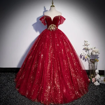 Fashion Burgundy Prom Dresses 2022 Ball Gown Short Sleeve Backless Off The Shoulder Beading Pearl Sequins Floor Length Long Formal Dresses