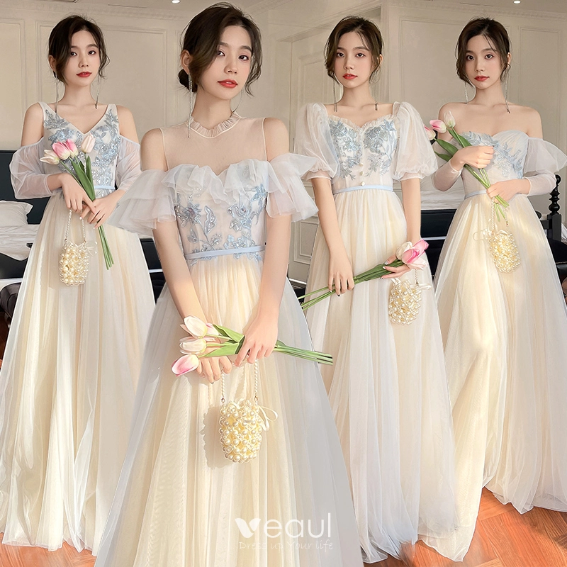 Fashion Daffodil Beading Sequins Lace Flower Bridesmaid Dresses 2022 A Line Princess Sash Short Sleeve Backless Floor Length Long Bridesmaid Dresses