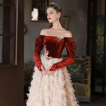 Luxe Bordeaux Daim Volants Robe De Bal 2022 Princesse De L Épaule En Dentelle Fleur Appliques Manches Longues Dos Nu Longue Promo Robe De Ceremonie