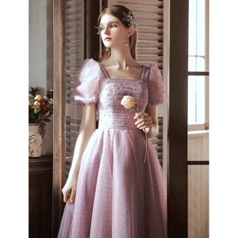 Chic Belle Rougissant Rose Tachetée Robe De Bal 2022 Princesse Encolure Carrée Perle Manches Courtes Dos Nu Longue Robe De Ceremonie